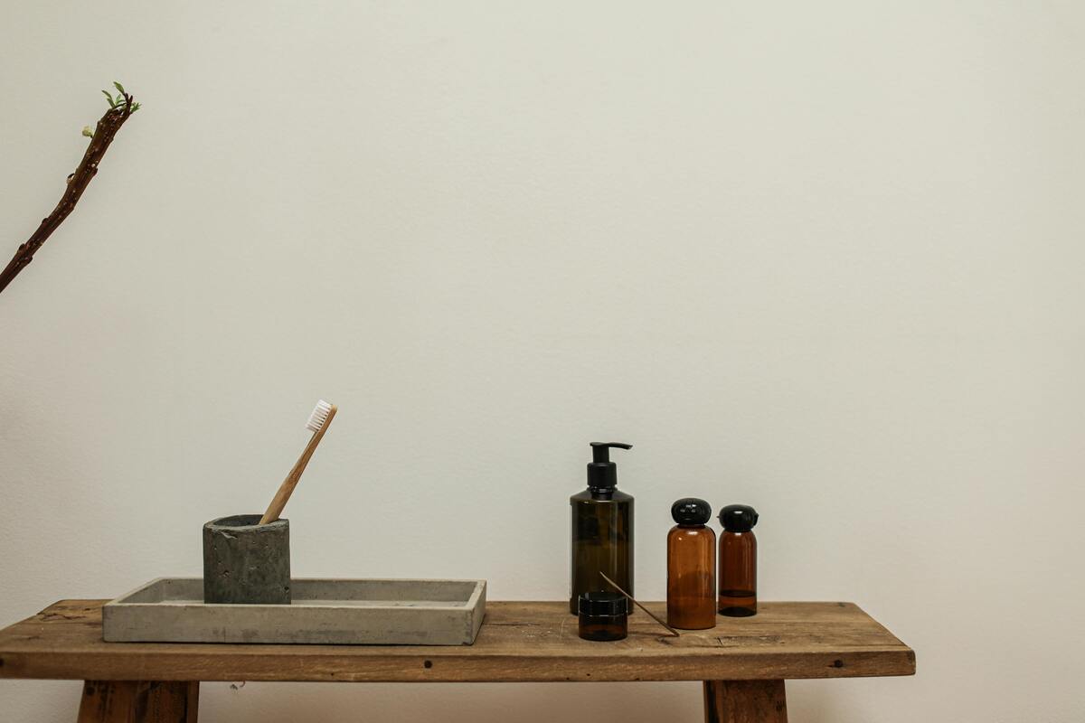 side table with bottles, Scandi bathroom
