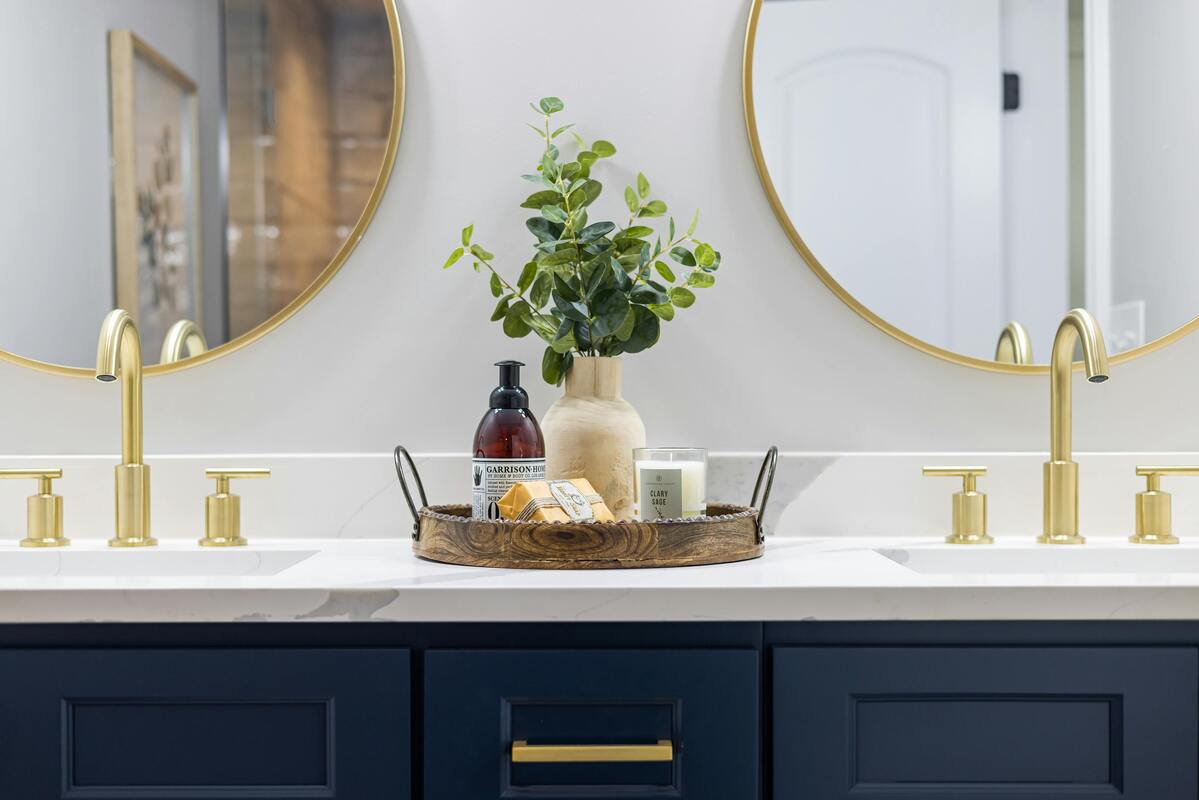 two bathroom sinks with gold taps, bathroom sink ideas